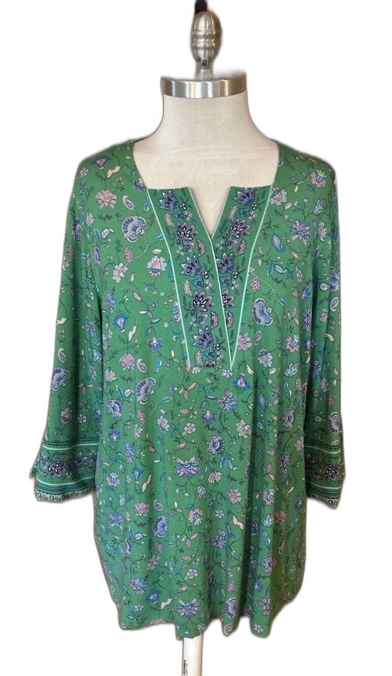 J. Jill Wearever Viscose Top Large Petite Pink Grn Floral Stretchy Travel Soft